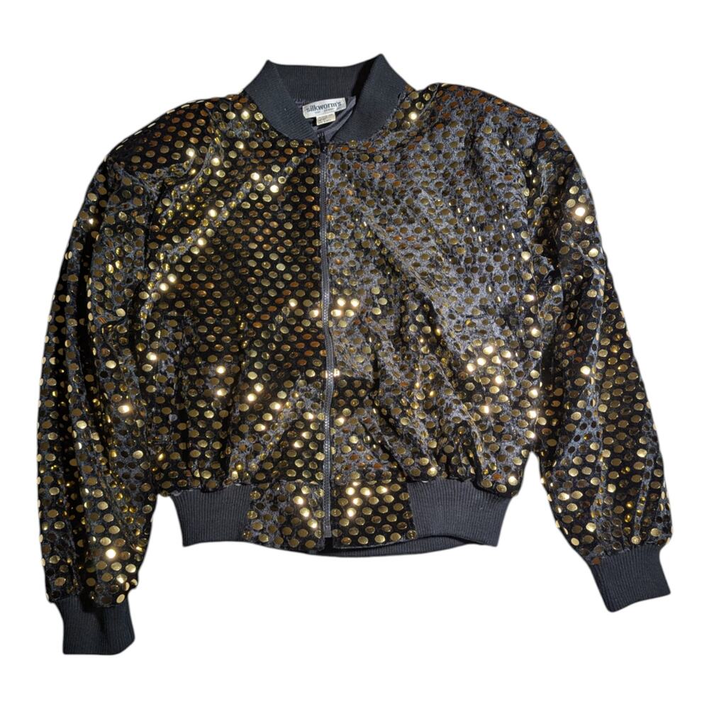 Vtg 1980s Silkworm's Black Velour Gold Metallic Polka Dot Bomber Jacket Sz XL